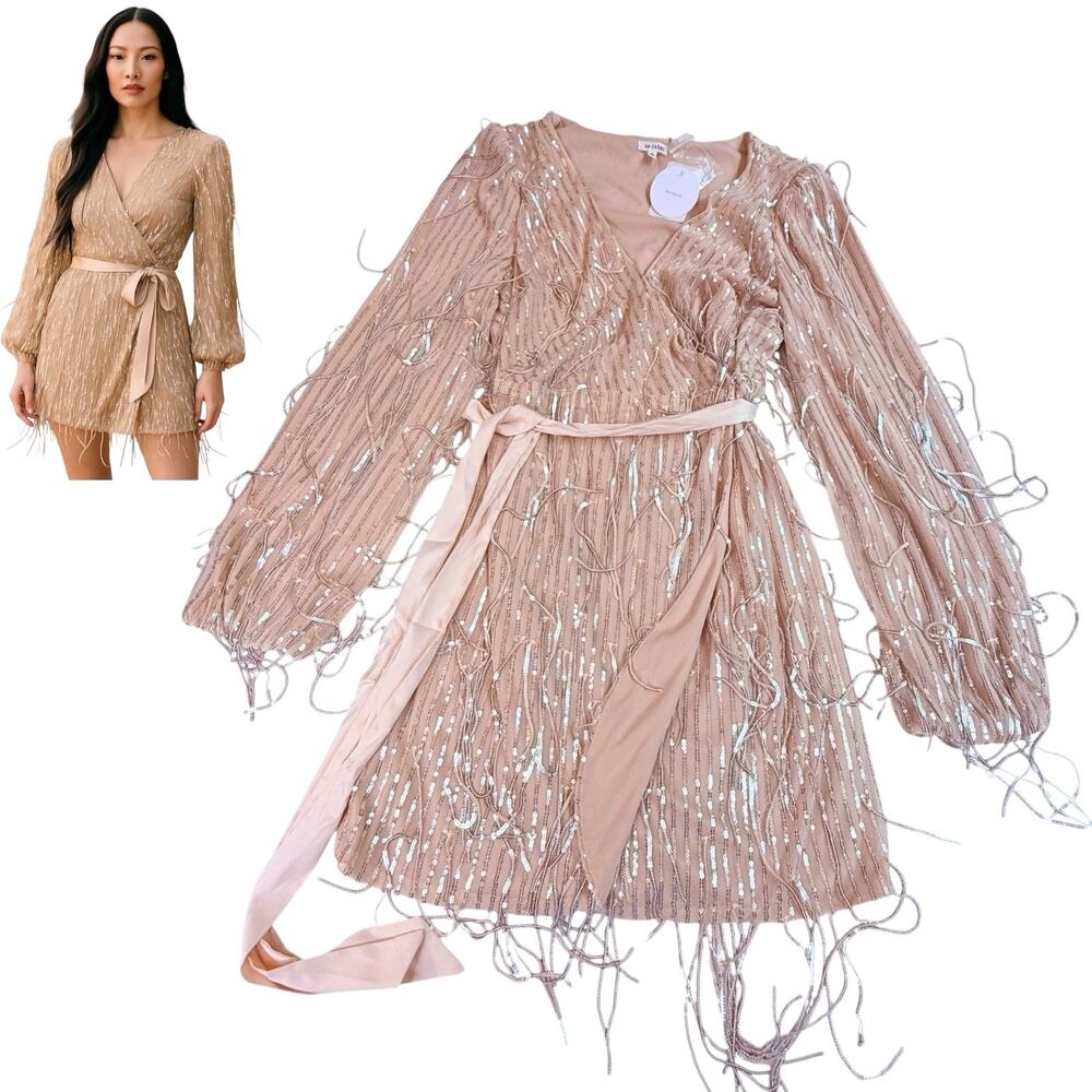 NEW En Creme Mini Robe WRAP DRESS & BELT Silver Sequin Fringe Women's MED Nude